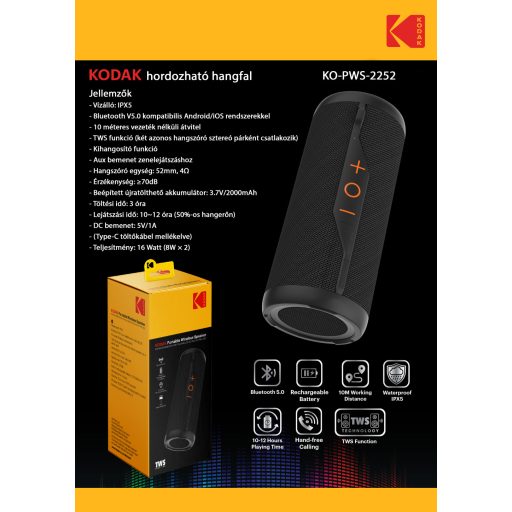 Kodak hordozható hangszóró, 16W teljesítmény, 3.7V/2200mAh akkumulátor, ipx5 vízálló,