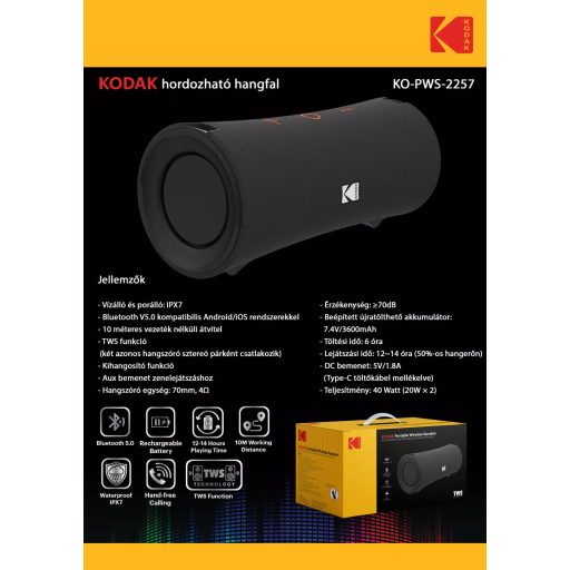 Kodak hordozható hangszóró, 40W teljesítmény, 7.4V/3600mAh akkumulátor, ipx7 víz alá meríthető