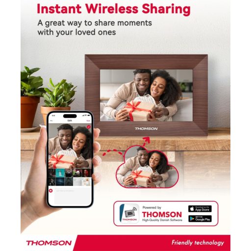 Thomson 7001P digitális képkeret 7" 1024x600, WiFi képátvitel mobilappról, érintőkijelző, barna