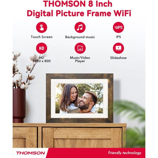 Thomson 8001W digitális képkeret 8" 1280x800, WiFi képátvitel mobilappról, érintőkijelző, barna