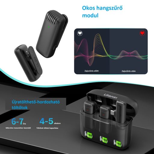 Ulanzi J12 vezeték nélküli Lavalier mikrofon, 2 mikrofon és 1 vevő, usb-c csatlakozás, fekete