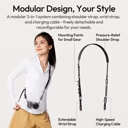 Ulanzi YF01 Y-Flex Strap, nyakpánt, csuklópánt, beépített USB-C kábel, fekete