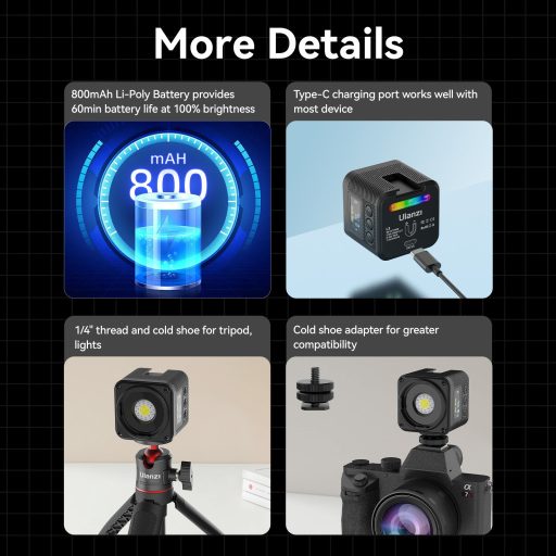 Ulanzi L3 Bi-Color COB, RGB Led, vízálló IP68, 20 effekt , 800mAh, Oled kijelző, mágneses váz, 4cm
