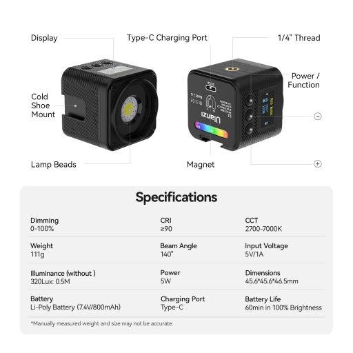Ulanzi L3 Bi-Color COB, RGB Led, vízálló IP68, 20 effekt , 800mAh, Oled kijelző, mágneses váz, 4cm