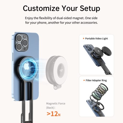 Ulanzi MA30 összehajtható mini állvány, Magsafe kompatibilis telefonokhoz, karabiner, ezüst