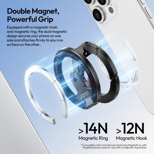 Ulanzi MA02 összehajtható mini állvány, Magsafe kompatibilis telefonokhoz, karabiner, fekete