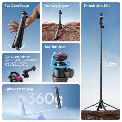 Ulanzi TT24 automatikusan nyíló selfie állvány, monopod, akciókamera és telefontartó, 150cm, fekete